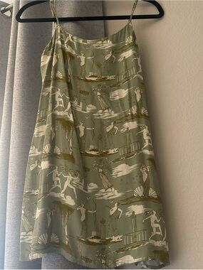 Reformation Sage Green Printed Slip Dress with Cream & Gold Motif